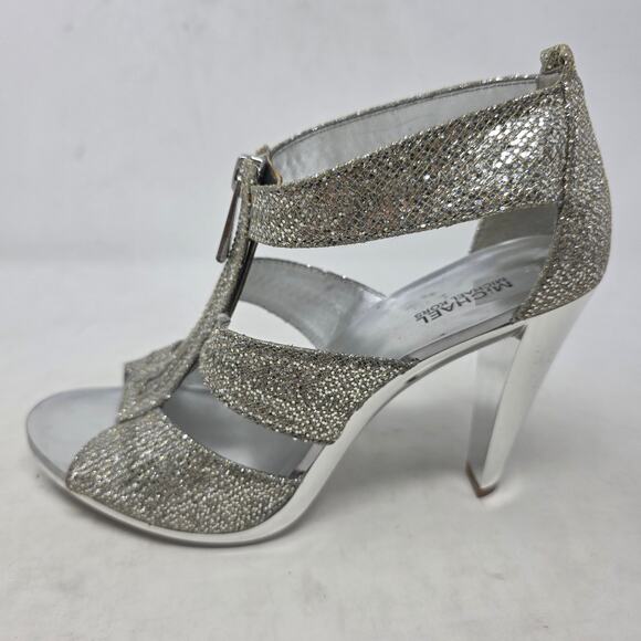 Michael Kors Silver Glitter T-Strap High Heel Sandals Womens Size 7 - Picture 2 of 8